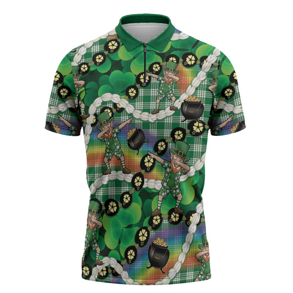 St Patrick's Day Palaka Hawaii Zipper Polo Shirt Kukui Nut Pikake Lei Shamrock Dabbing Leprechaun LT14 Green - Polynesian Pride