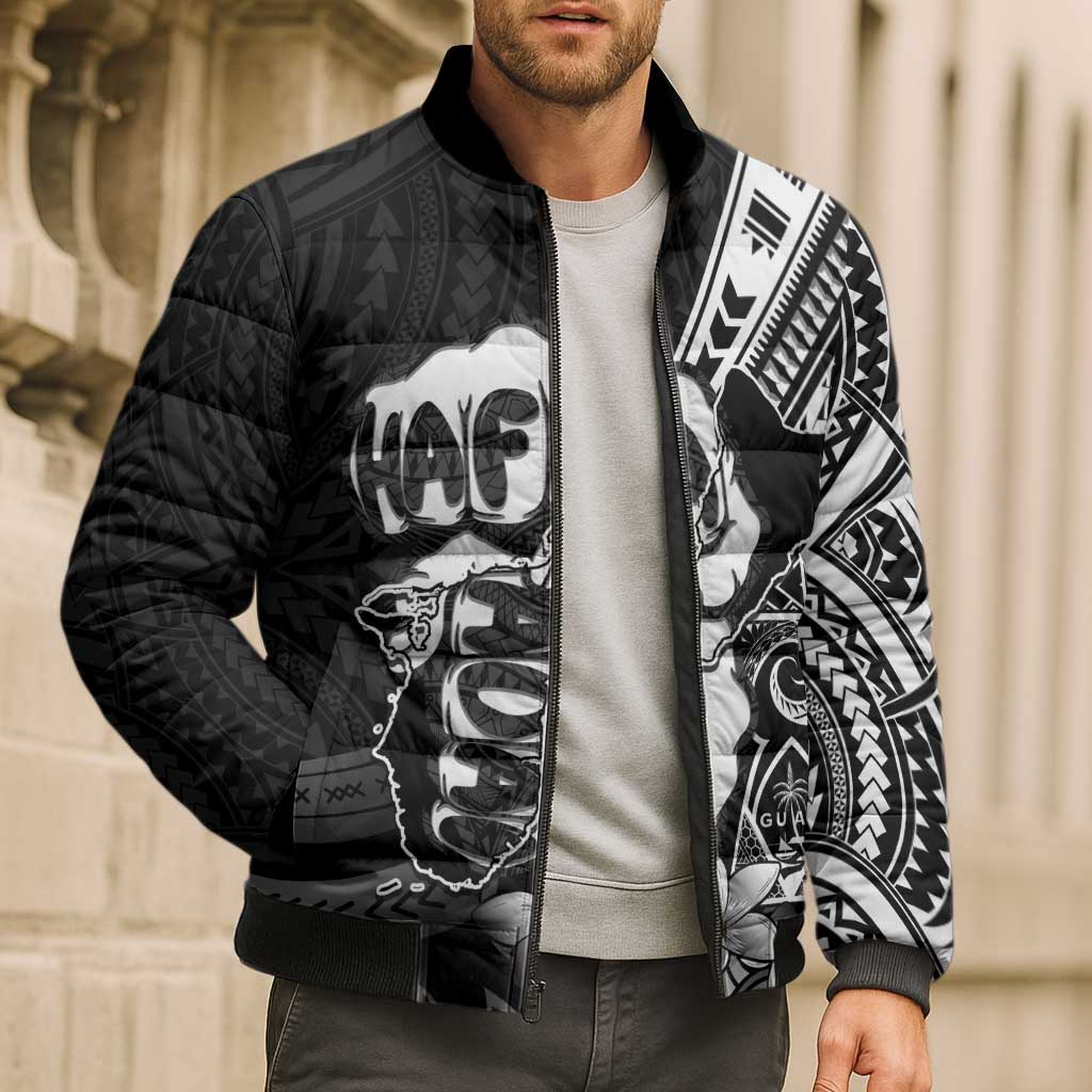Hafa Adai Guam Discovery Day Bomber Puffer Jacket Chamorro Latte Stone Hand Black Version LT14 - Polynesian Pride