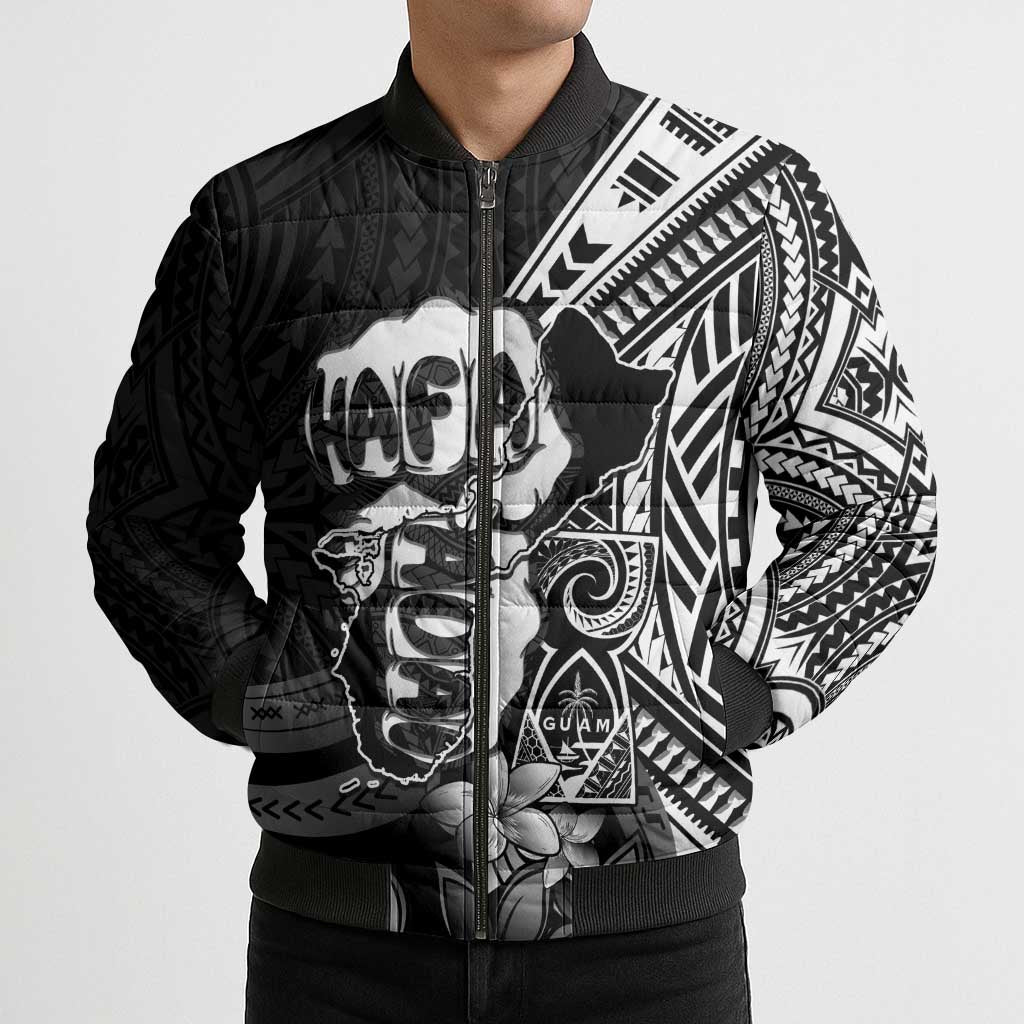 Hafa Adai Guam Discovery Day Bomber Puffer Jacket Chamorro Latte Stone Hand Black Version LT14 - Polynesian Pride