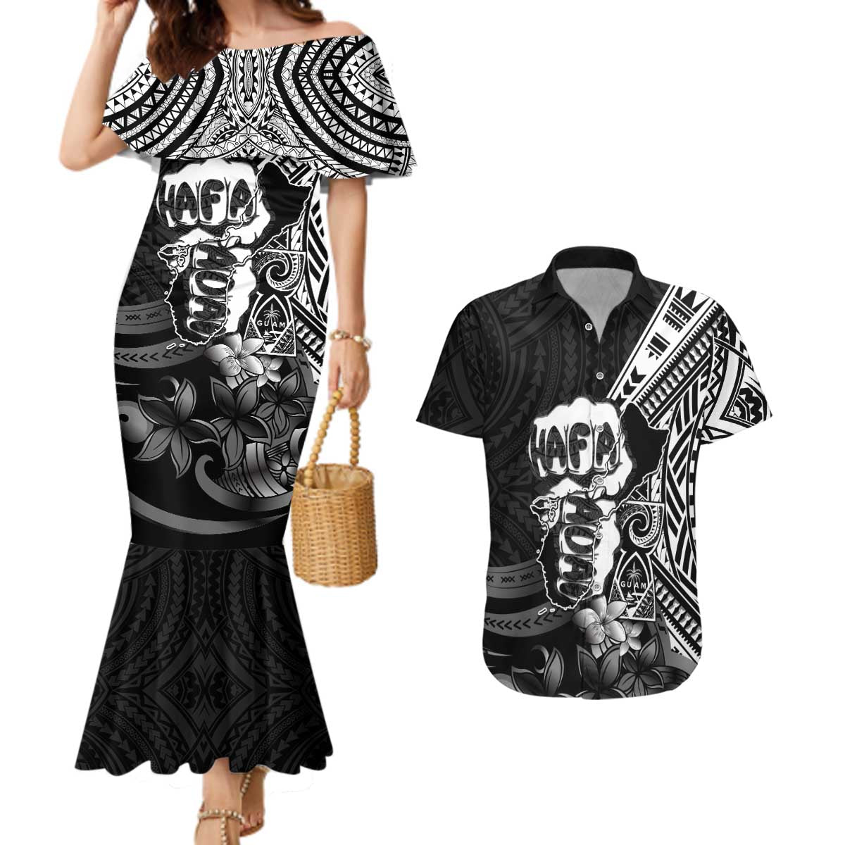 Hafa Adai Guam Discovery Day Couples Matching Mermaid Dress and Hawaiian Shirt Chamorro Latte Stone Hand Black Version LT14 Black - Polynesian Pride