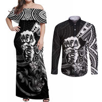 Hafa Adai Guam Discovery Day Couples Matching Off Shoulder Maxi Dress and Long Sleeve Button Shirt Chamorro Latte Stone Hand Black Version LT14 Black - Polynesian Pride