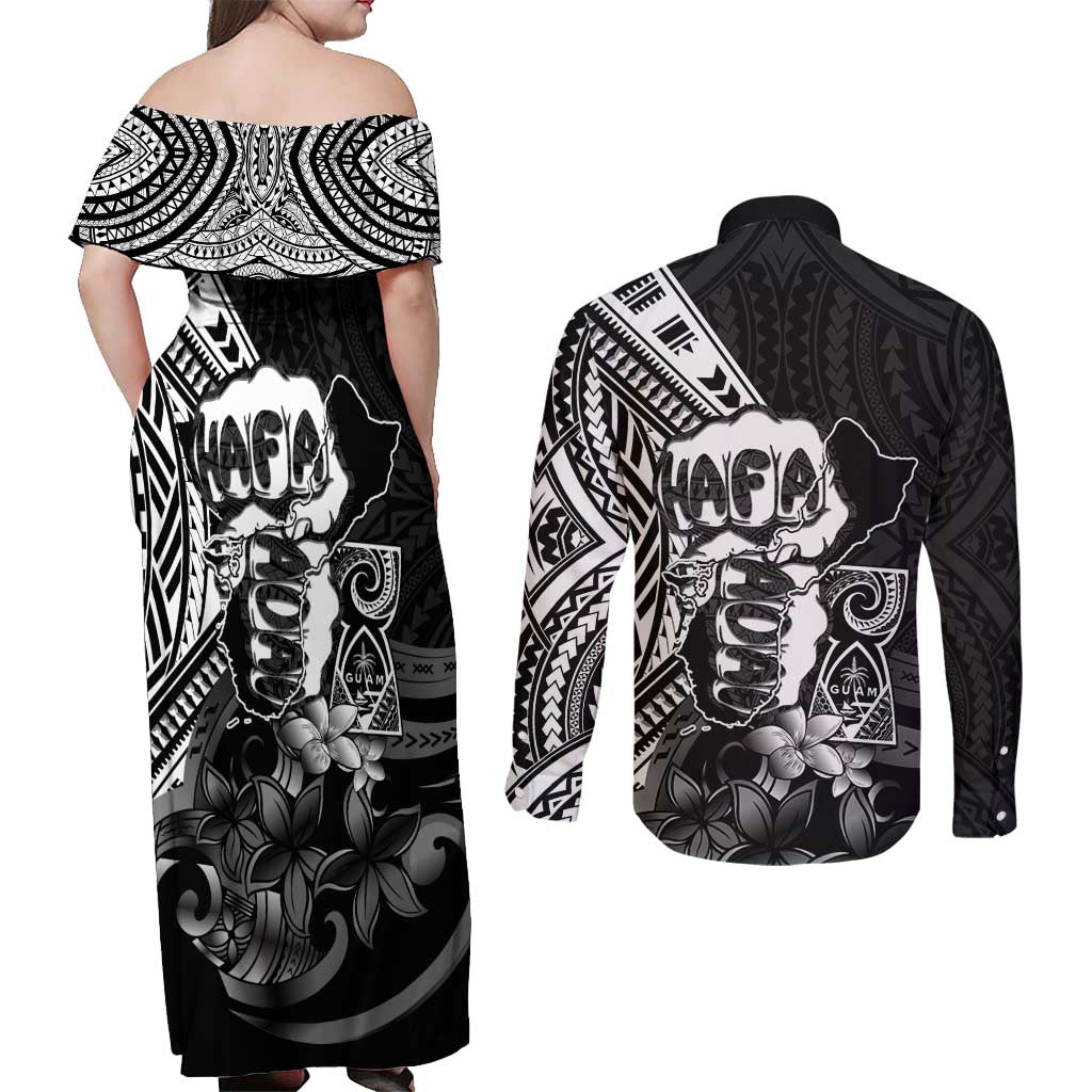Hafa Adai Guam Discovery Day Couples Matching Off Shoulder Maxi Dress and Long Sleeve Button Shirt Chamorro Latte Stone Hand Black Version LT14 - Polynesian Pride