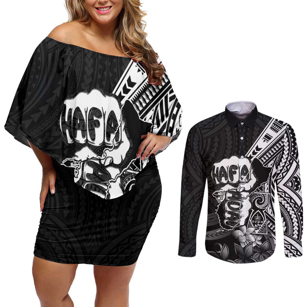 Hafa Adai Guam Discovery Day Couples Matching Off Shoulder Short Dress and Long Sleeve Button Shirt Chamorro Latte Stone Hand Black Version LT14 Black - Polynesian Pride