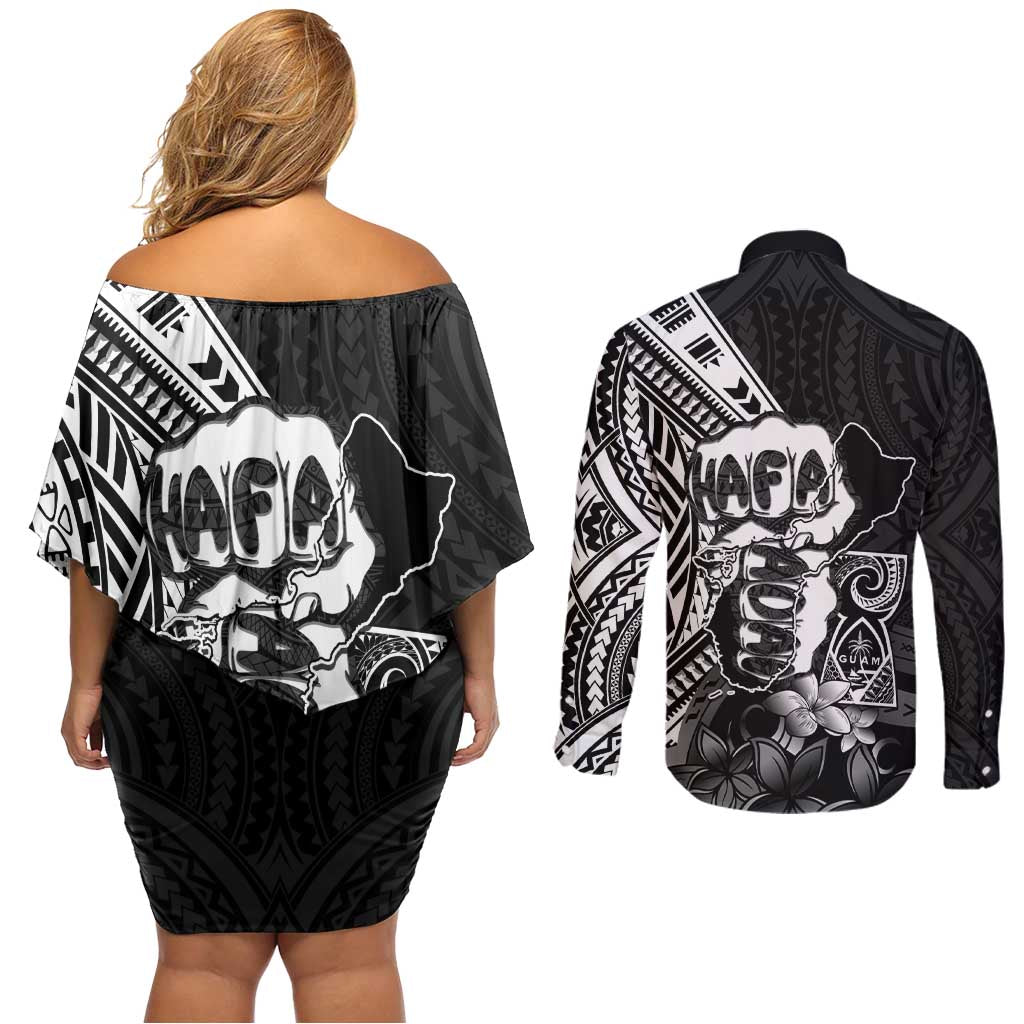 Hafa Adai Guam Discovery Day Couples Matching Off Shoulder Short Dress and Long Sleeve Button Shirt Chamorro Latte Stone Hand Black Version LT14 - Polynesian Pride