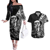 Hafa Adai Guam Discovery Day Couples Matching Off The Shoulder Long Sleeve Dress and Hawaiian Shirt Chamorro Latte Stone Hand Black Version LT14 Black - Polynesian Pride