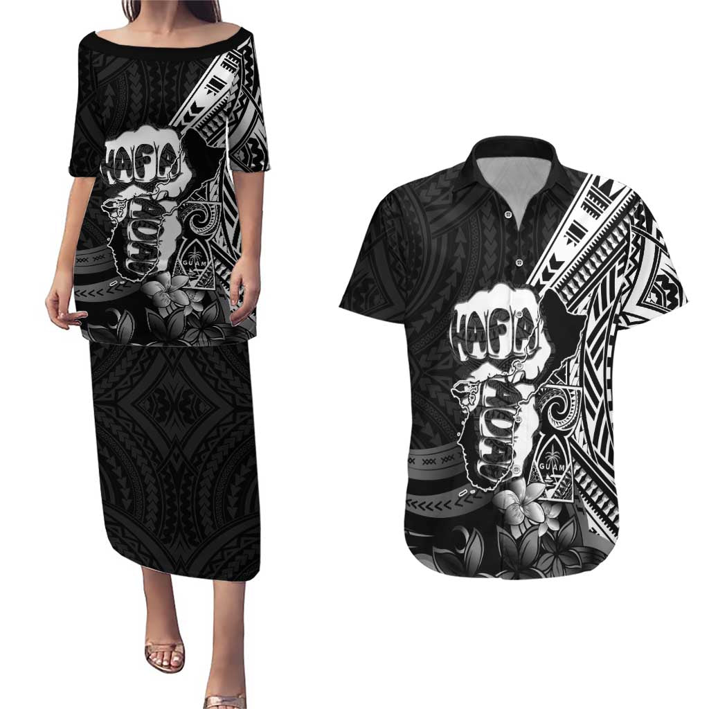 Hafa Adai Guam Discovery Day Couples Matching Puletasi and Hawaiian Shirt Chamorro Latte Stone Hand Black Version LT14 Black - Polynesian Pride