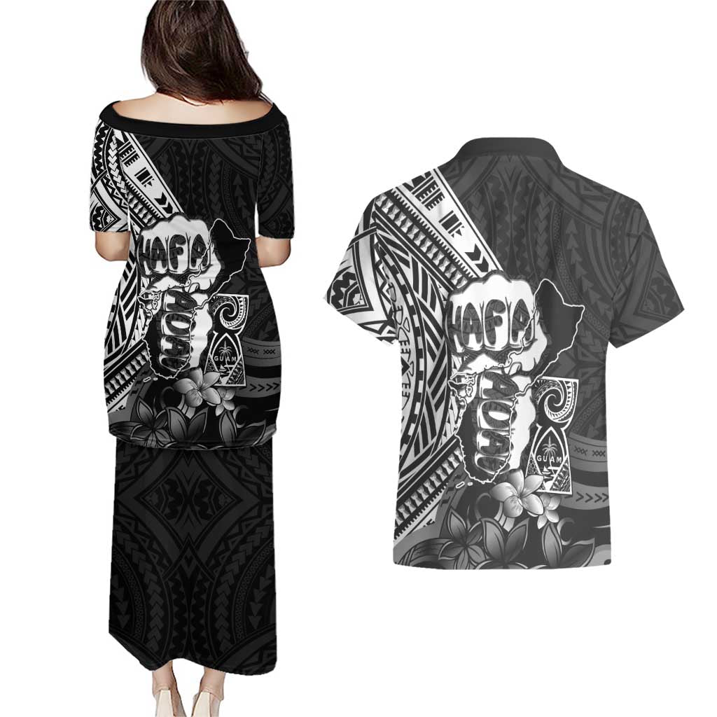 Hafa Adai Guam Discovery Day Couples Matching Puletasi and Hawaiian Shirt Chamorro Latte Stone Hand Black Version LT14 - Polynesian Pride