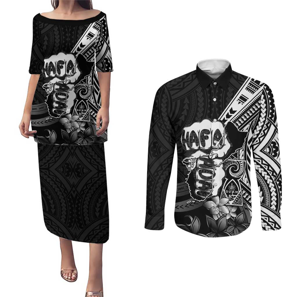 Hafa Adai Guam Discovery Day Couples Matching Puletasi and Long Sleeve Button Shirt Chamorro Latte Stone Hand Black Version LT14 Black - Polynesian Pride