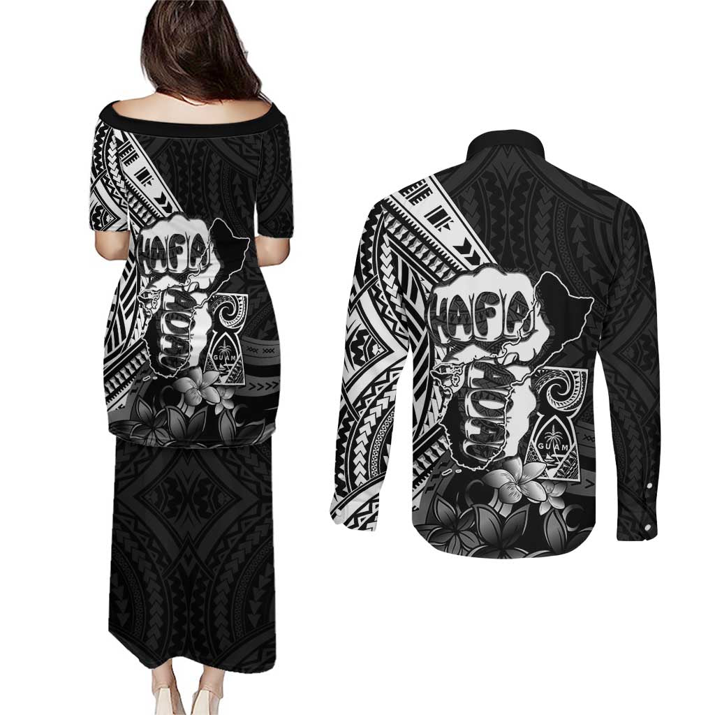 Hafa Adai Guam Discovery Day Couples Matching Puletasi and Long Sleeve Button Shirt Chamorro Latte Stone Hand Black Version LT14 - Polynesian Pride