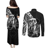 Hafa Adai Guam Discovery Day Couples Matching Puletasi and Long Sleeve Button Shirt Chamorro Latte Stone Hand Black Version LT14 - Polynesian Pride