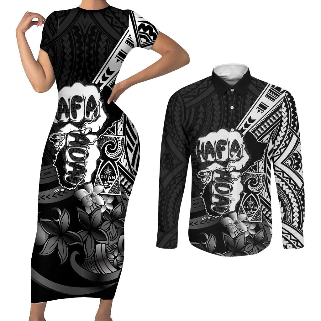 Hafa Adai Guam Discovery Day Couples Matching Short Sleeve Bodycon Dress and Long Sleeve Button Shirt Chamorro Latte Stone Hand Black Version LT14 Black - Polynesian Pride