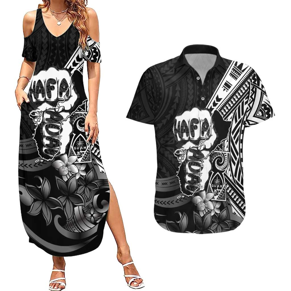 Hafa Adai Guam Discovery Day Couples Matching Summer Maxi Dress and Hawaiian Shirt Chamorro Latte Stone Hand Black Version LT14 Black - Polynesian Pride
