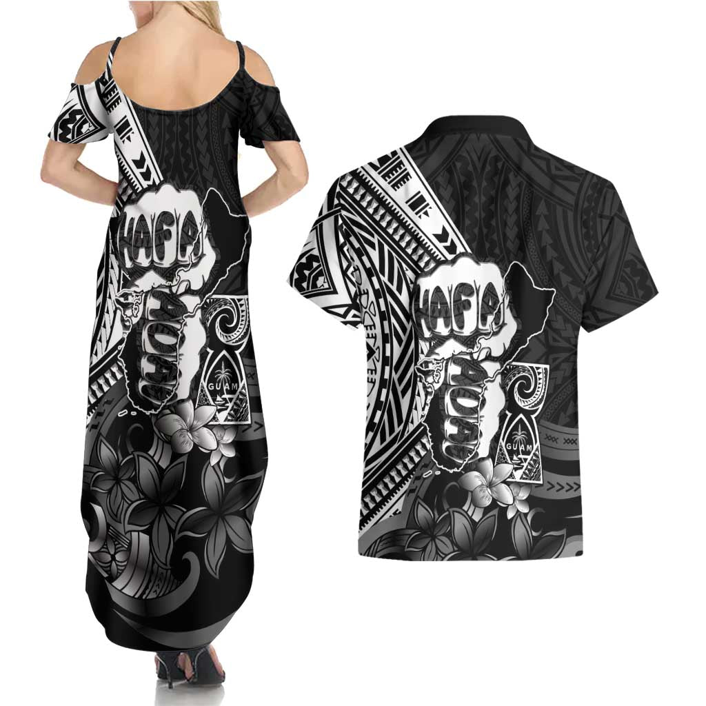 Hafa Adai Guam Discovery Day Couples Matching Summer Maxi Dress and Hawaiian Shirt Chamorro Latte Stone Hand Black Version LT14 - Polynesian Pride