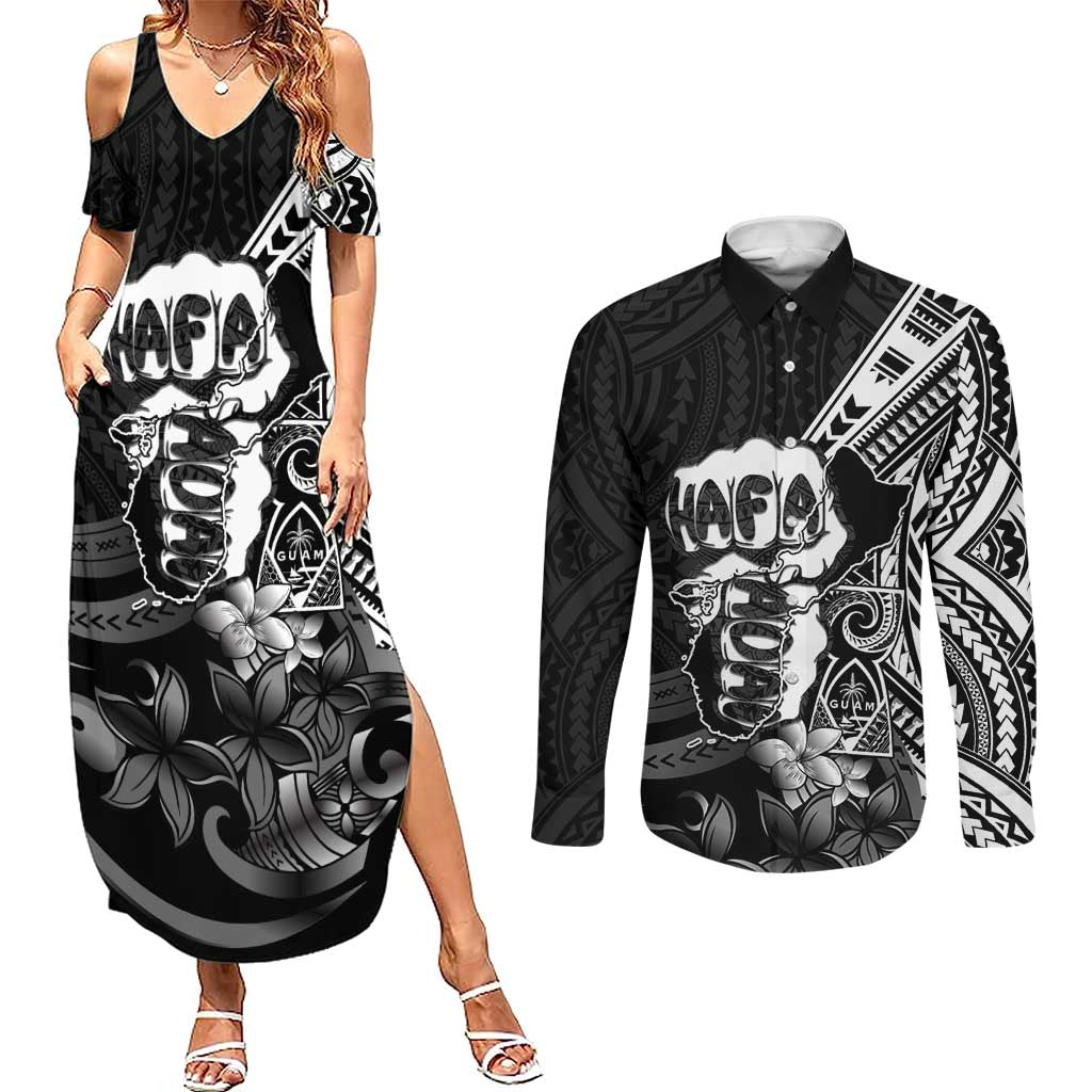 Hafa Adai Guam Discovery Day Couples Matching Summer Maxi Dress and Long Sleeve Button Shirt Chamorro Latte Stone Hand Black Version LT14 Black - Polynesian Pride