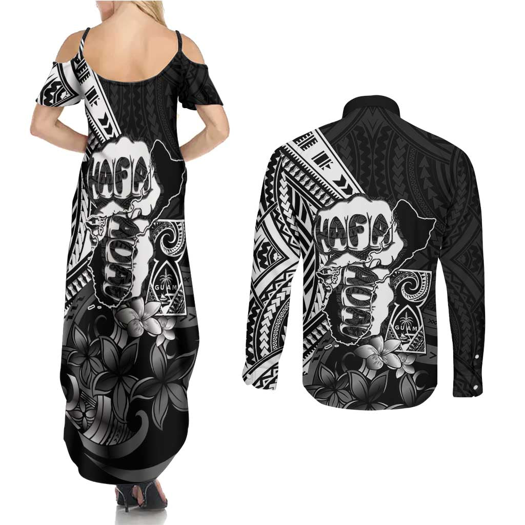 Hafa Adai Guam Discovery Day Couples Matching Summer Maxi Dress and Long Sleeve Button Shirt Chamorro Latte Stone Hand Black Version LT14 - Polynesian Pride