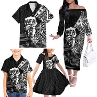 Hafa Adai Guam Discovery Day Family Matching Off The Shoulder Long Sleeve Dress and Hawaiian Shirt Chamorro Latte Stone Hand Black Version