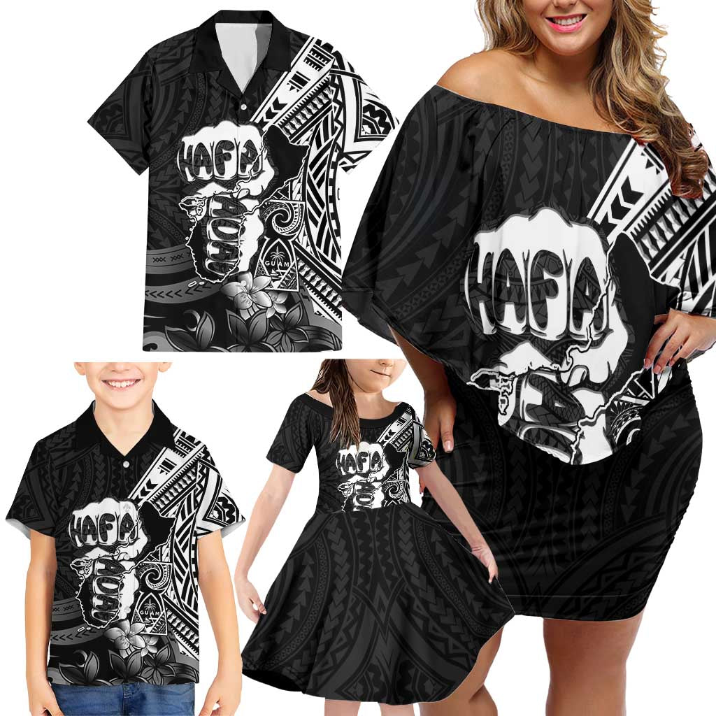 Hafa Adai Guam Discovery Day Family Matching Off Shoulder Short Dress and Hawaiian Shirt Chamorro Latte Stone Hand Black Version LT14 - Polynesian Pride