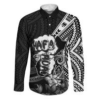 Hafa Adai Guam Discovery Day Family Matching Off Shoulder Short Dress and Hawaiian Shirt Chamorro Latte Stone Hand Black Version