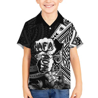Hafa Adai Guam Discovery Day Family Matching Off Shoulder Short Dress and Hawaiian Shirt Chamorro Latte Stone Hand Black Version