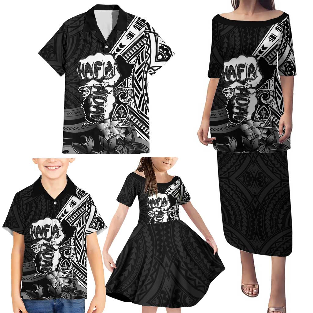 Hafa Adai Guam Discovery Day Family Matching Puletasi and Hawaiian Shirt Chamorro Latte Stone Hand Black Version LT14 - Polynesian Pride