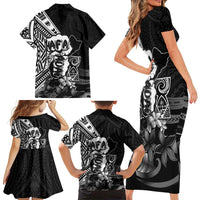 Hafa Adai Guam Discovery Day Family Matching Short Sleeve Bodycon Dress and Hawaiian Shirt Chamorro Latte Stone Hand Black Version