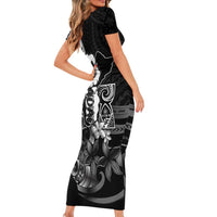 Hafa Adai Guam Discovery Day Family Matching Short Sleeve Bodycon Dress and Hawaiian Shirt Chamorro Latte Stone Hand Black Version