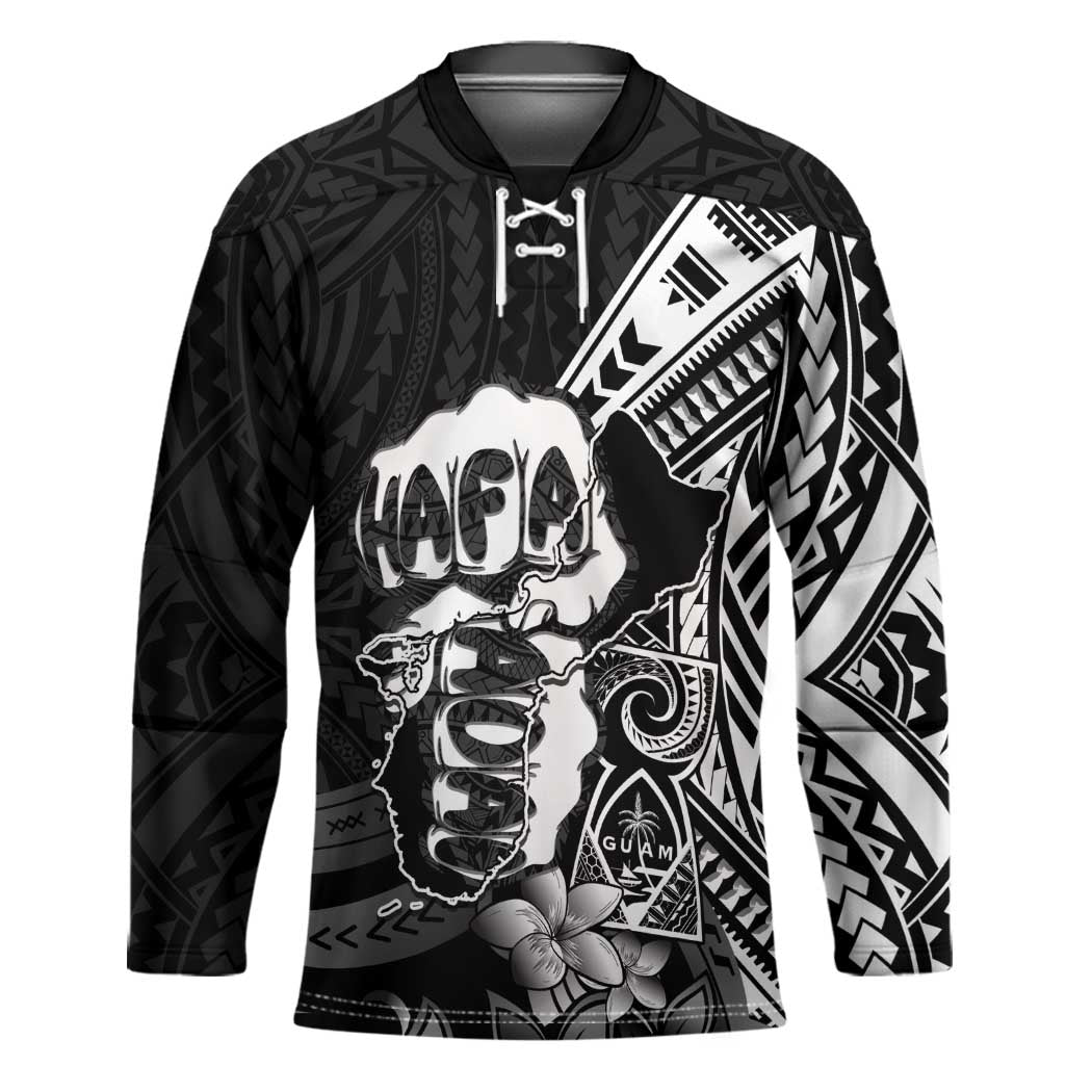 Hafa Adai Guam Discovery Day Hockey Jersey Chamorro Latte Stone Hand Black Version LT14 Unisex Black - Polynesian Pride