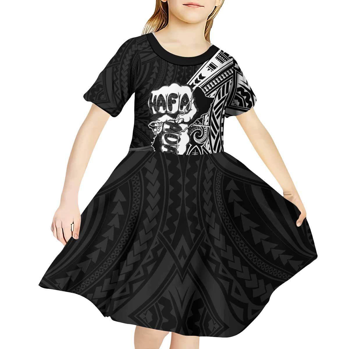 Hafa Adai Guam Discovery Day Kid Short Sleeve Dress Chamorro Latte Stone Hand Black Version