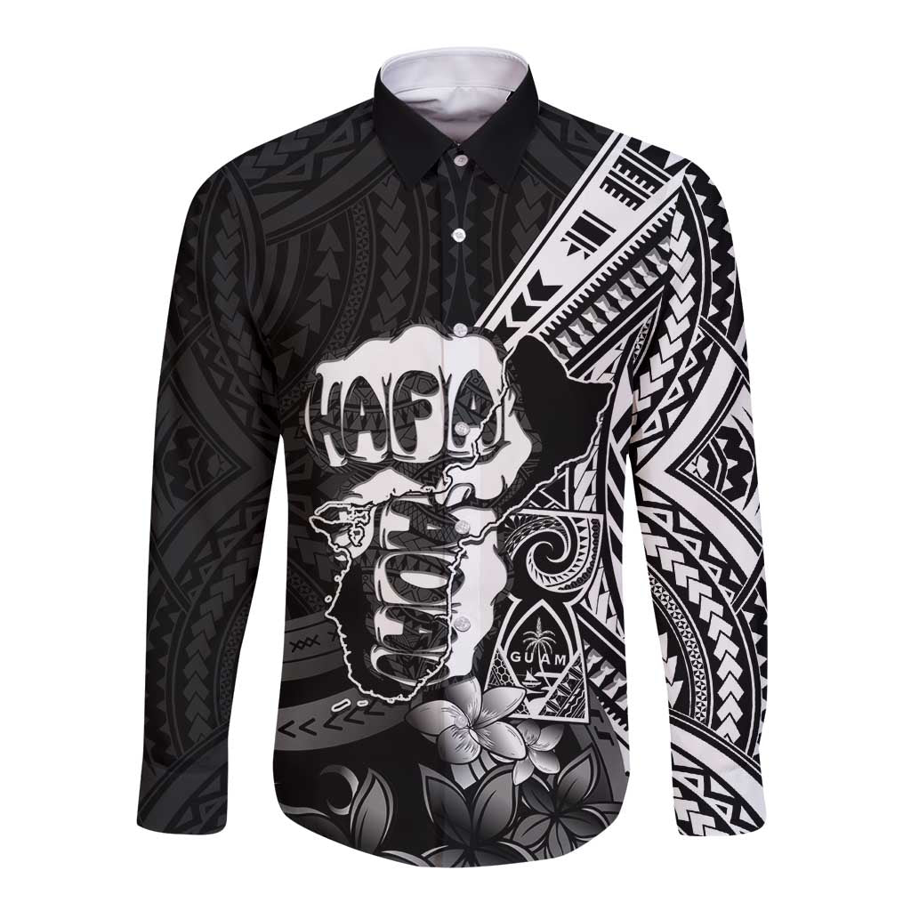 Hafa Adai Guam Discovery Day Long Sleeve Button Shirt Chamorro Latte Stone Hand Black Version LT14 Unisex Black - Polynesian Pride