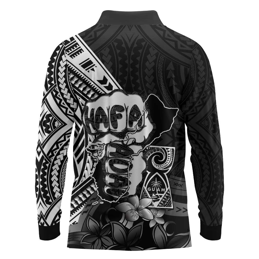 Hafa Adai Guam Discovery Day Long Sleeve Polo Shirt Chamorro Latte Stone Hand Black Version LT14 - Polynesian Pride