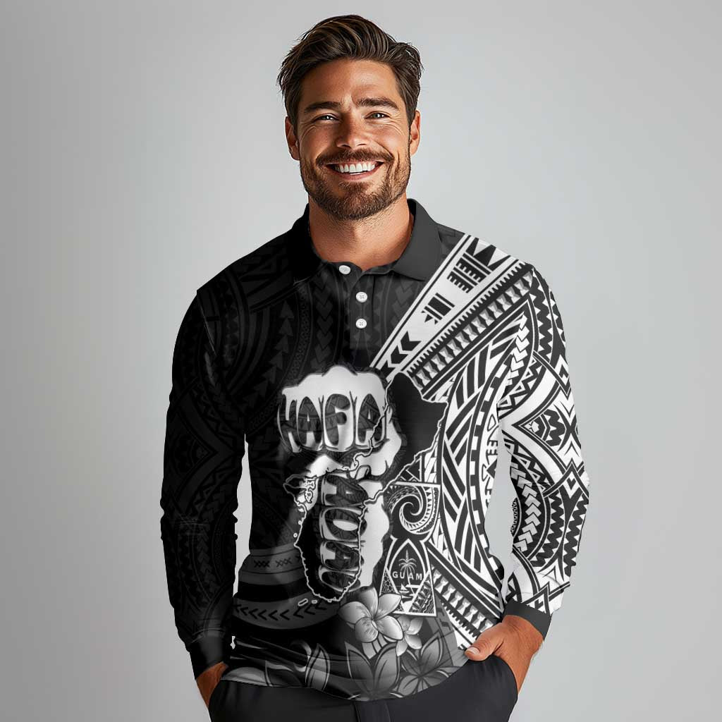Hafa Adai Guam Discovery Day Long Sleeve Polo Shirt Chamorro Latte Stone Hand Black Version LT14 - Polynesian Pride