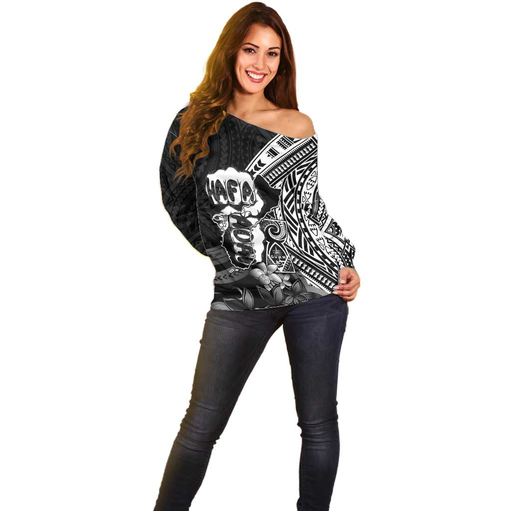 Hafa Adai Guam Discovery Day Off Shoulder Sweater Chamorro Latte Stone Hand Black Version LT14 - Polynesian Pride