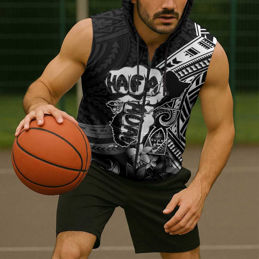 Hafa Adai Guam Discovery Day Sleeveless Zip Hoodie Chamorro Latte Stone Hand Black Version LT14 - Polynesian Pride