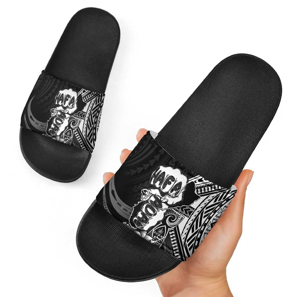 Hafa Adai Guam Discovery Day Slide Sandals Chamorro Latte Stone Hand Black Version LT14 - Polynesian Pride