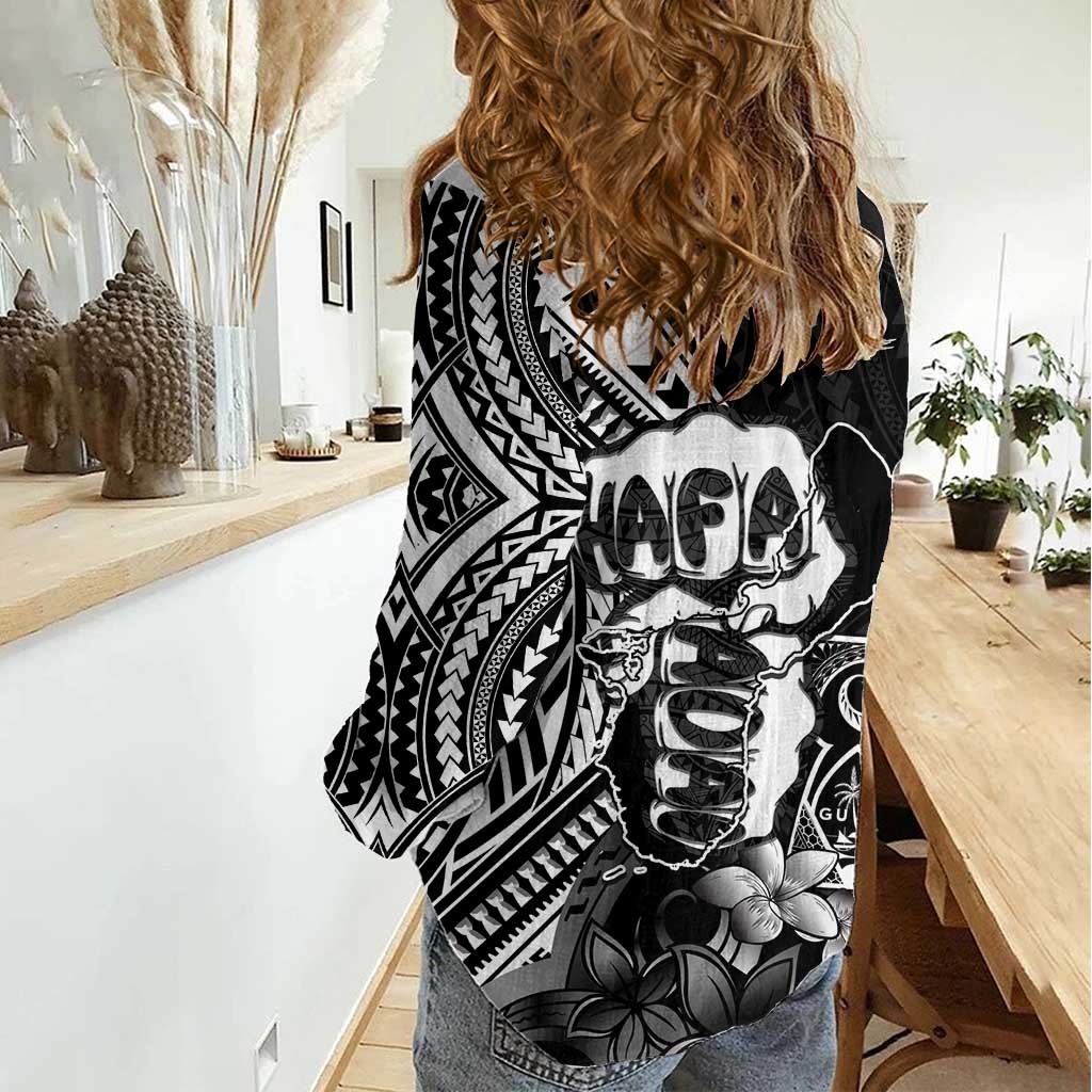 Hafa Adai Guam Discovery Day Women Casual Shirt Chamorro Latte Stone Hand Black Version LT14 - Polynesian Pride