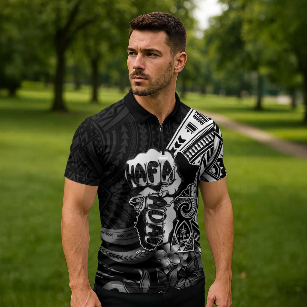 Hafa Adai Guam Discovery Day Zipper Polo Shirt Chamorro Latte Stone Hand Black Version LT14 - Polynesian Pride