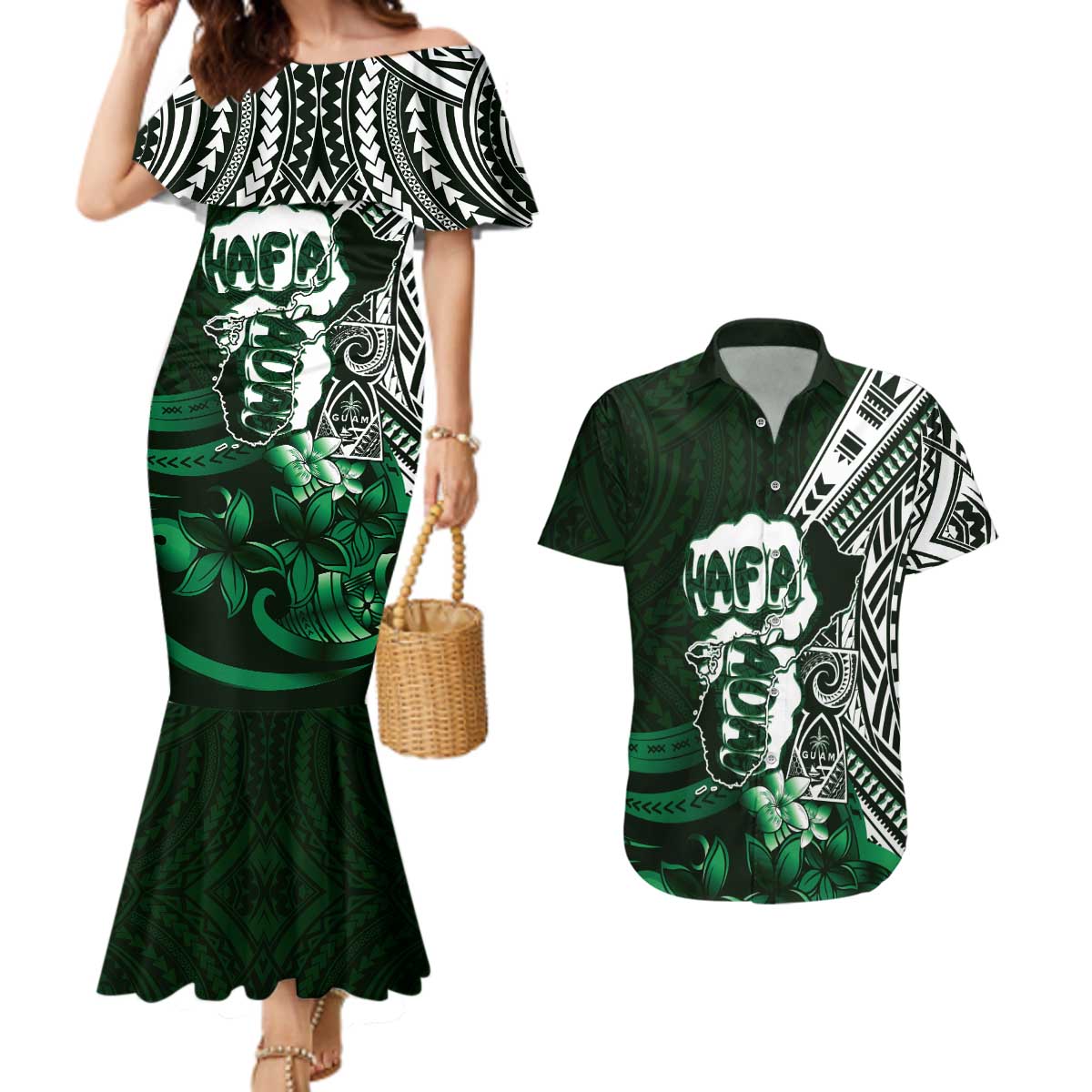 Hafa Adai Guam Discovery Day Couples Matching Mermaid Dress and Hawaiian Shirt Chamorro Latte Stone Hand Green Version LT14 Green - Polynesian Pride