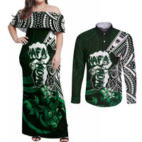 Hafa Adai Guam Discovery Day Couples Matching Off Shoulder Maxi Dress and Long Sleeve Button Shirt Chamorro Latte Stone Hand Green Version LT14 Green - Polynesian Pride