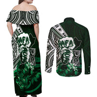 Hafa Adai Guam Discovery Day Couples Matching Off Shoulder Maxi Dress and Long Sleeve Button Shirt Chamorro Latte Stone Hand Green Version LT14 - Polynesian Pride