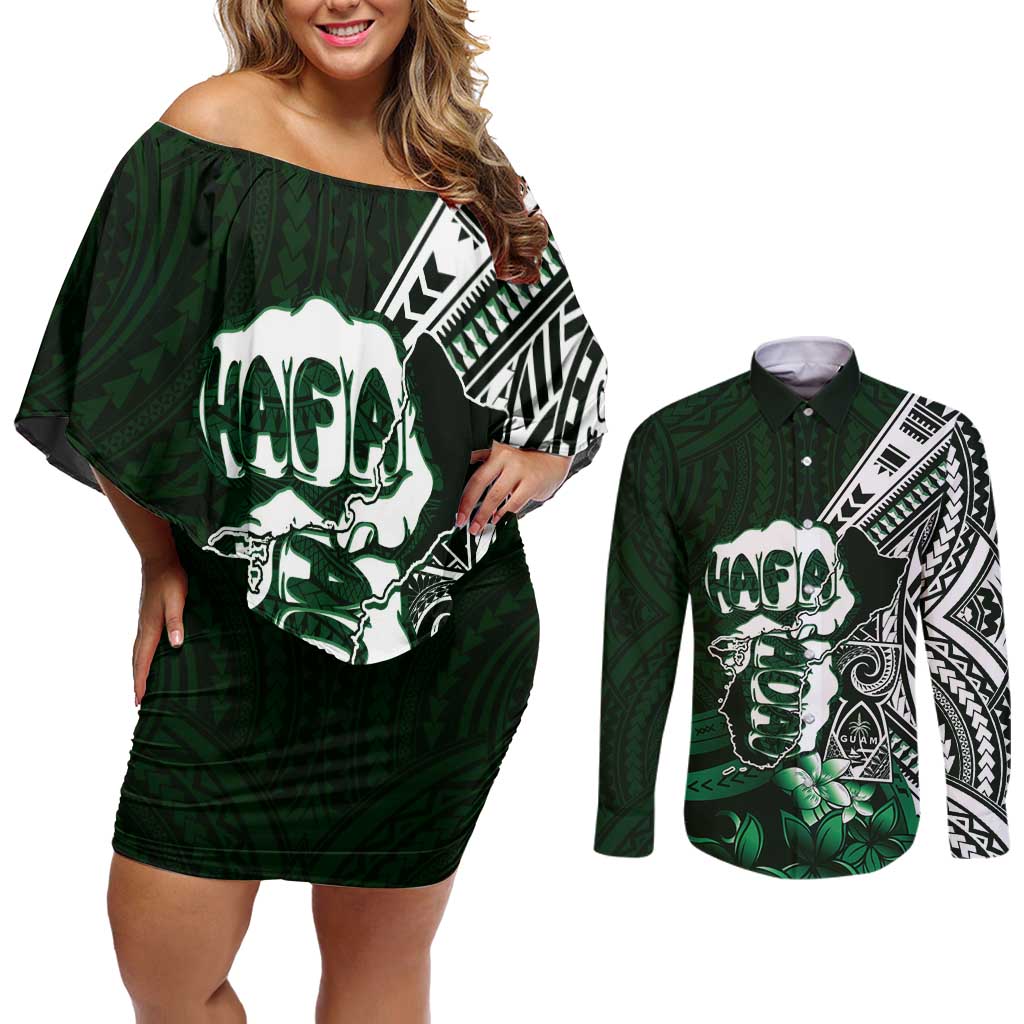 Hafa Adai Guam Discovery Day Couples Matching Off Shoulder Short Dress and Long Sleeve Button Shirt Chamorro Latte Stone Hand Green Version LT14 Green - Polynesian Pride