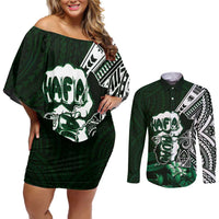 Hafa Adai Guam Discovery Day Couples Matching Off Shoulder Short Dress and Long Sleeve Button Shirt Chamorro Latte Stone Hand Green Version LT14 Green - Polynesian Pride
