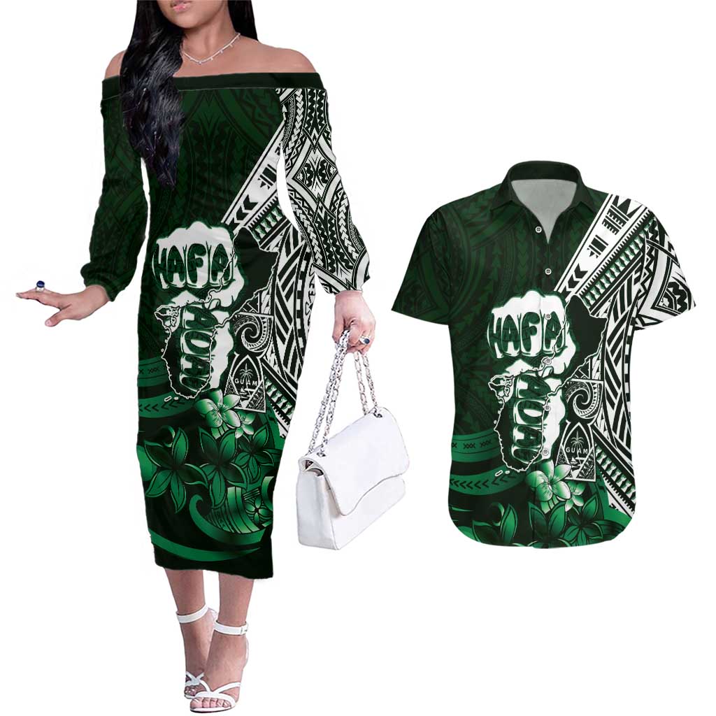 Hafa Adai Guam Discovery Day Couples Matching Off The Shoulder Long Sleeve Dress and Hawaiian Shirt Chamorro Latte Stone Hand Green Version