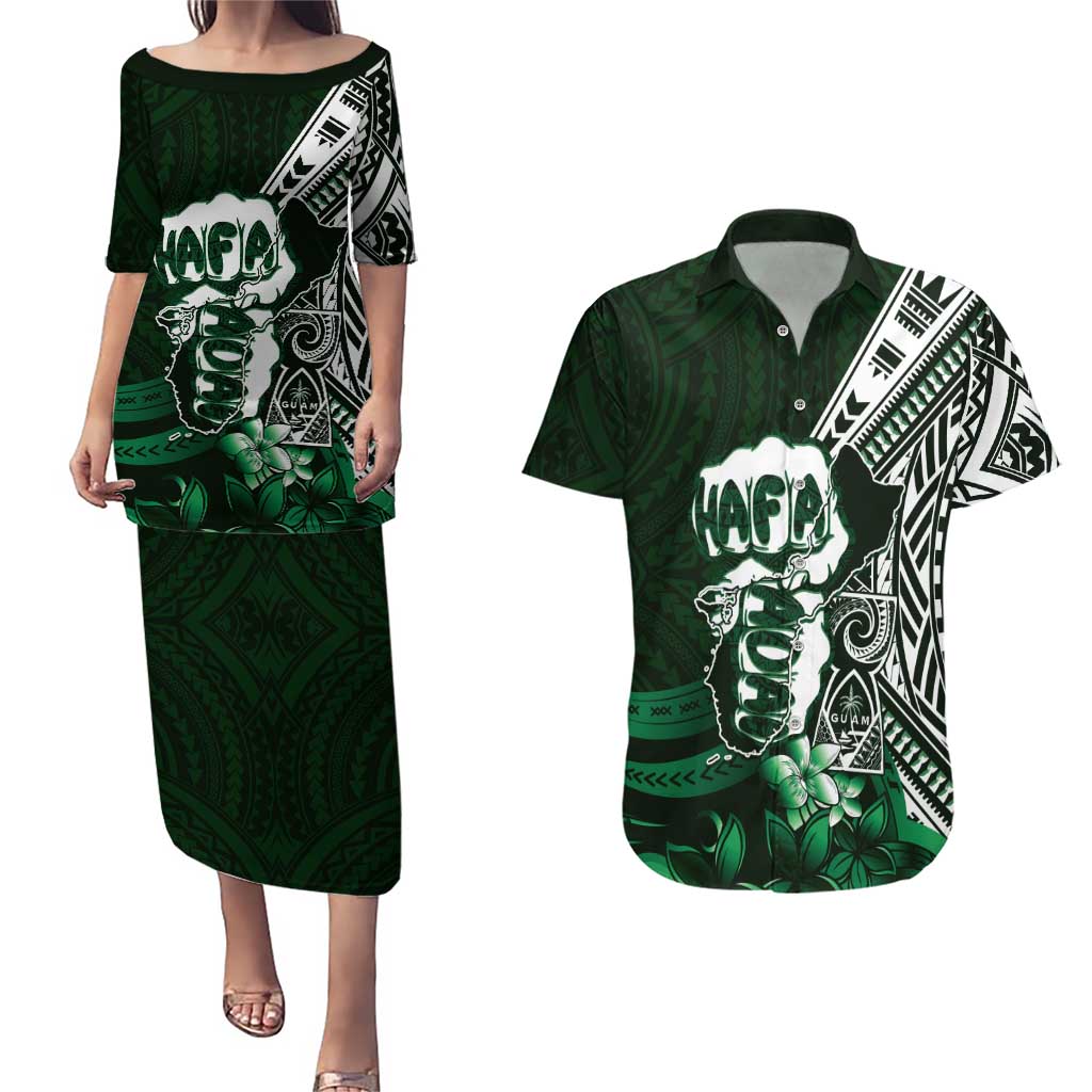 Hafa Adai Guam Discovery Day Couples Matching Puletasi and Hawaiian Shirt Chamorro Latte Stone Hand Green Version LT14 Green - Polynesian Pride