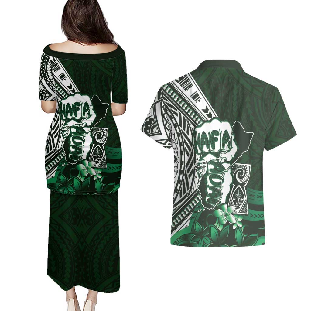 Hafa Adai Guam Discovery Day Couples Matching Puletasi and Hawaiian Shirt Chamorro Latte Stone Hand Green Version LT14 - Polynesian Pride