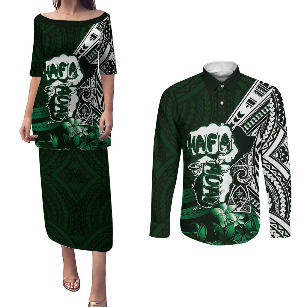 Hafa Adai Guam Discovery Day Couples Matching Puletasi and Long Sleeve Button Shirt Chamorro Latte Stone Hand Green Version LT14 Green - Polynesian Pride