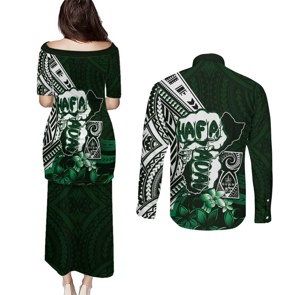 Hafa Adai Guam Discovery Day Couples Matching Puletasi and Long Sleeve Button Shirt Chamorro Latte Stone Hand Green Version LT14 - Polynesian Pride