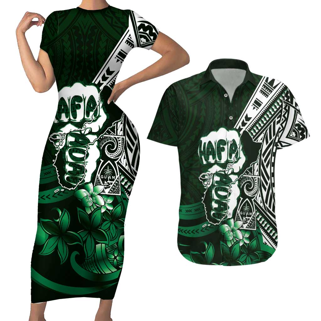 Hafa Adai Guam Discovery Day Couples Matching Short Sleeve Bodycon Dress and Hawaiian Shirt Chamorro Latte Stone Hand Green Version LT14 Green - Polynesian Pride
