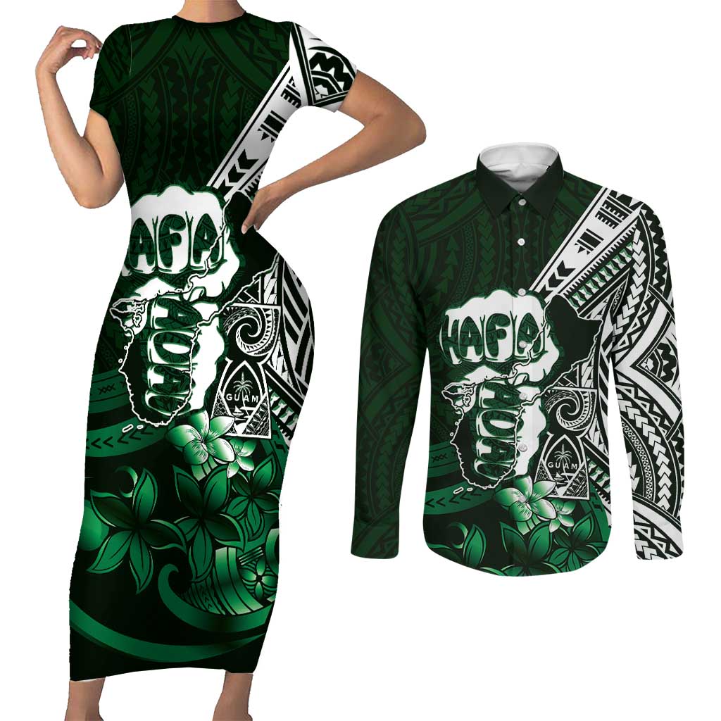 Hafa Adai Guam Discovery Day Couples Matching Short Sleeve Bodycon Dress and Long Sleeve Button Shirt Chamorro Latte Stone Hand Green Version LT14 Green - Polynesian Pride