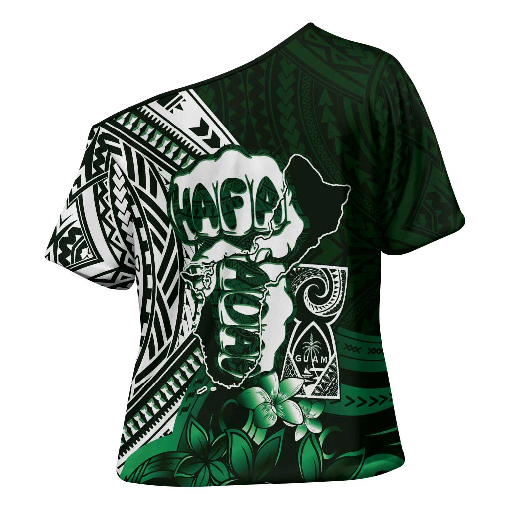 Hafa Adai Guam Discovery Day Cross Shoulder Shirt Chamorro Latte Stone Hand Green Version LT14 - Polynesian Pride