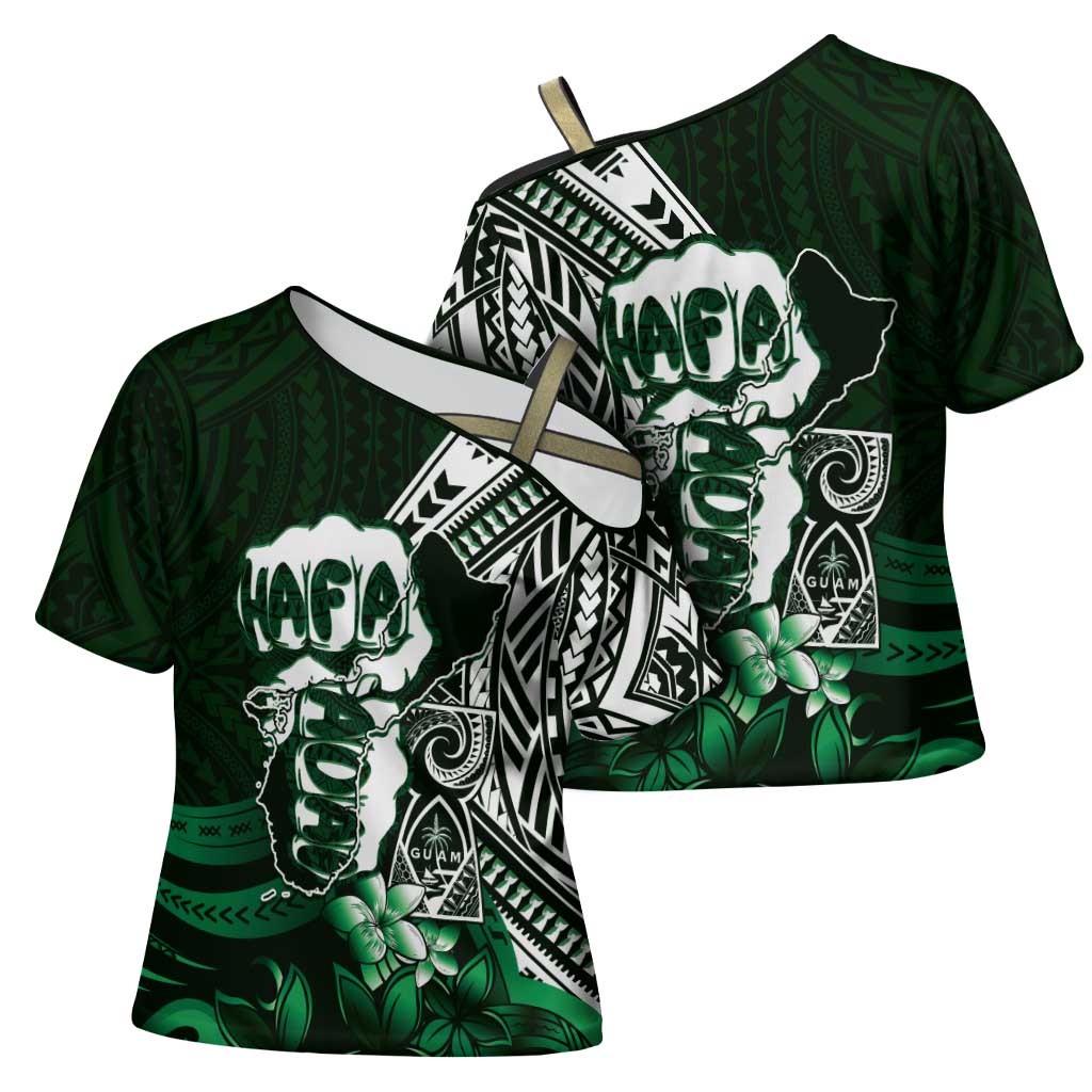 Hafa Adai Guam Discovery Day Cross Shoulder Shirt Chamorro Latte Stone Hand Green Version LT14 - Polynesian Pride